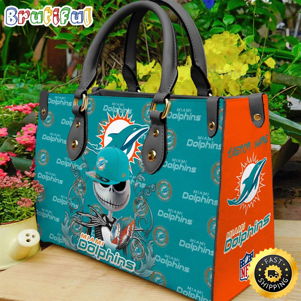 Sportswearmerch Miami Dolphins NFL x Jack Skellington Women Leather Bag For Fan