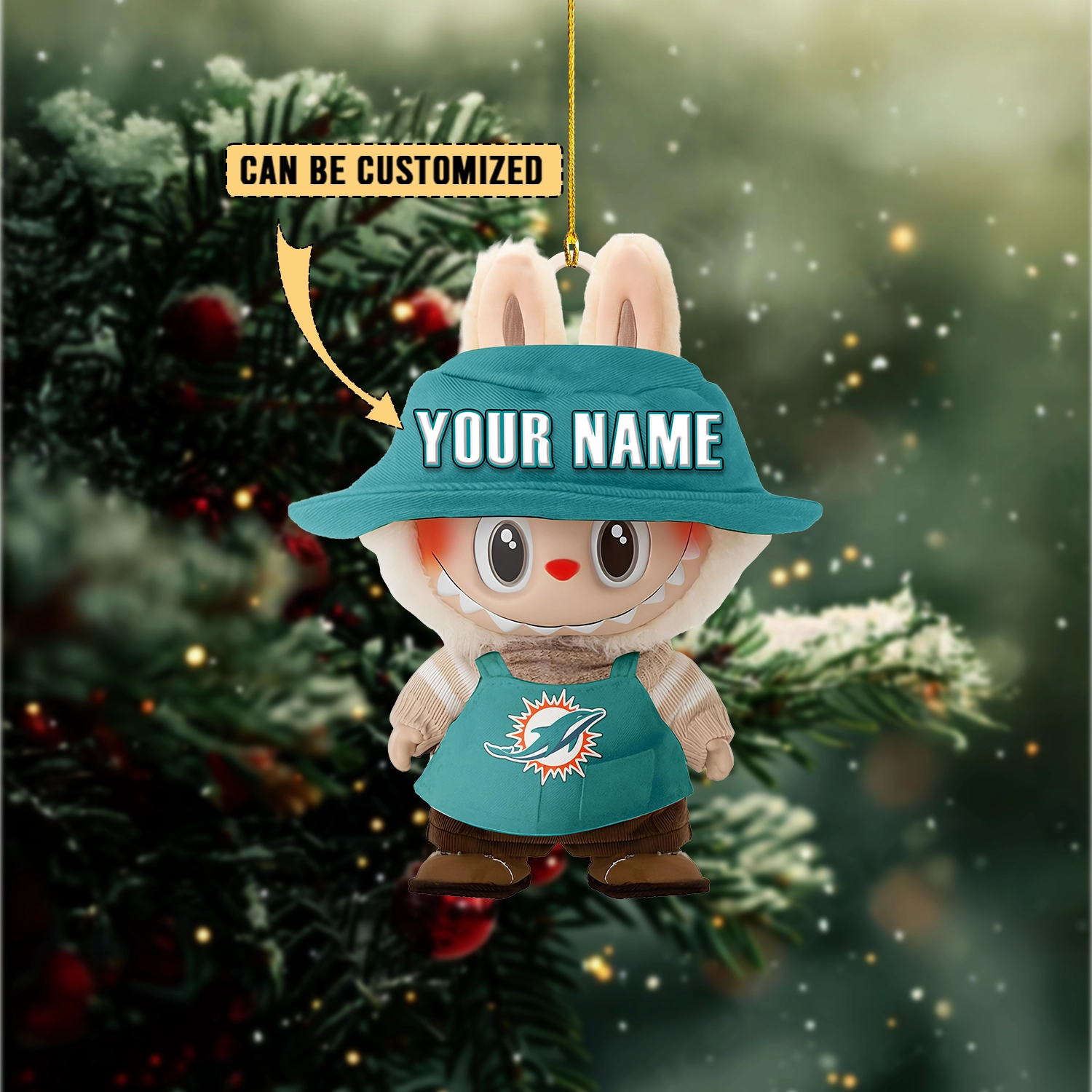 Sportswearmerch Miami Dolphins NFL x Labubu Christmas Personalized Acrylic Ornament Gift For Fans