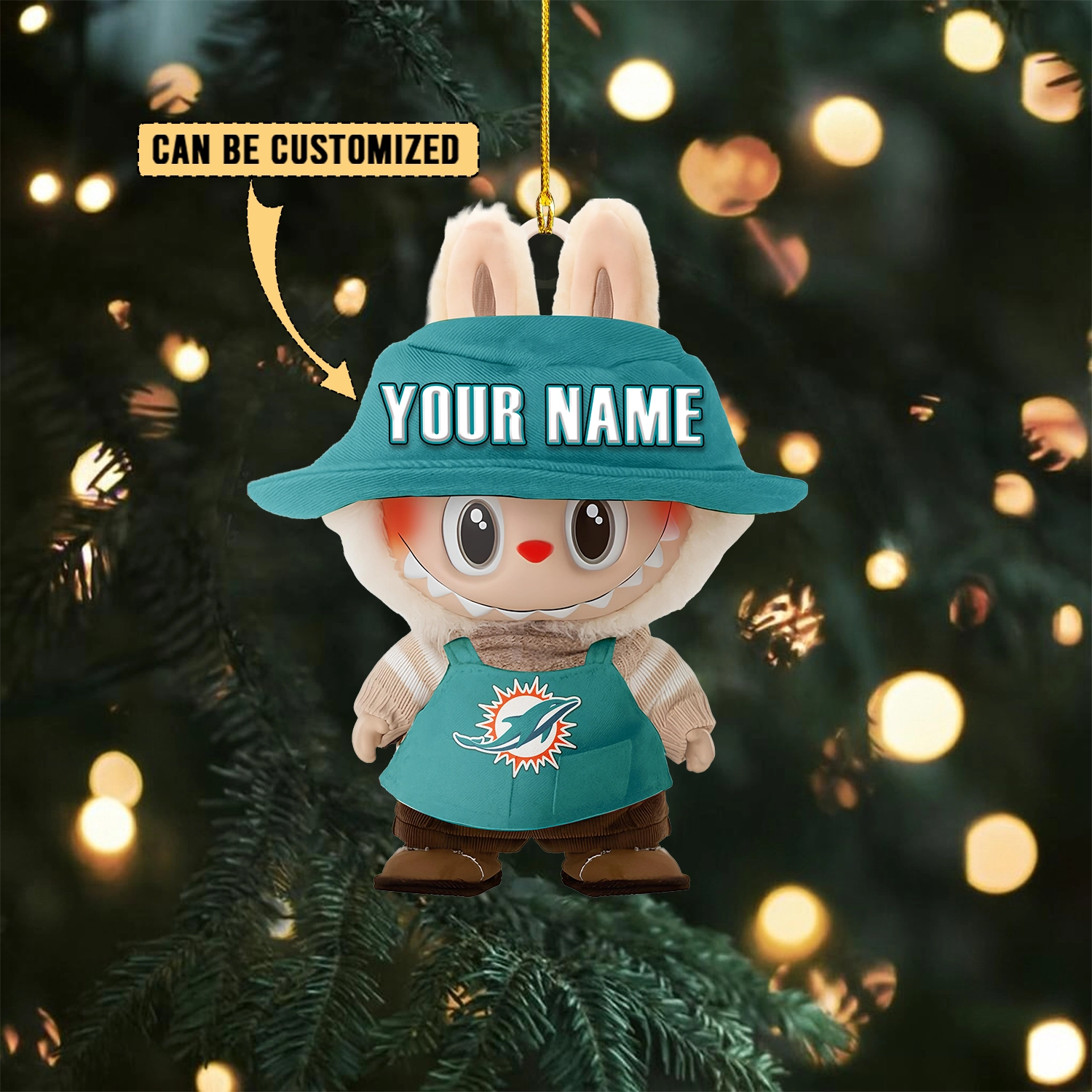 Sportswearmerch Miami Dolphins NFL x Labubu Christmas Personalized Acrylic Ornament Gift For Fans