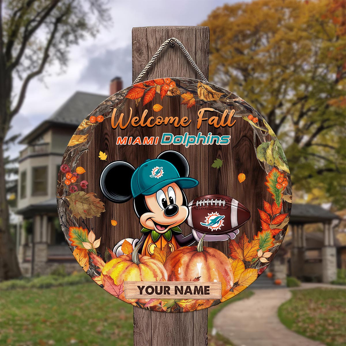 Sportswearmerch Miami Dolphins NFL x Mickey Round Wooden Sign For Fan