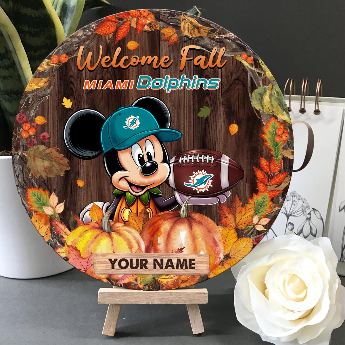 Sportswearmerch Miami Dolphins NFL x Mickey Round Wooden Sign For Fan