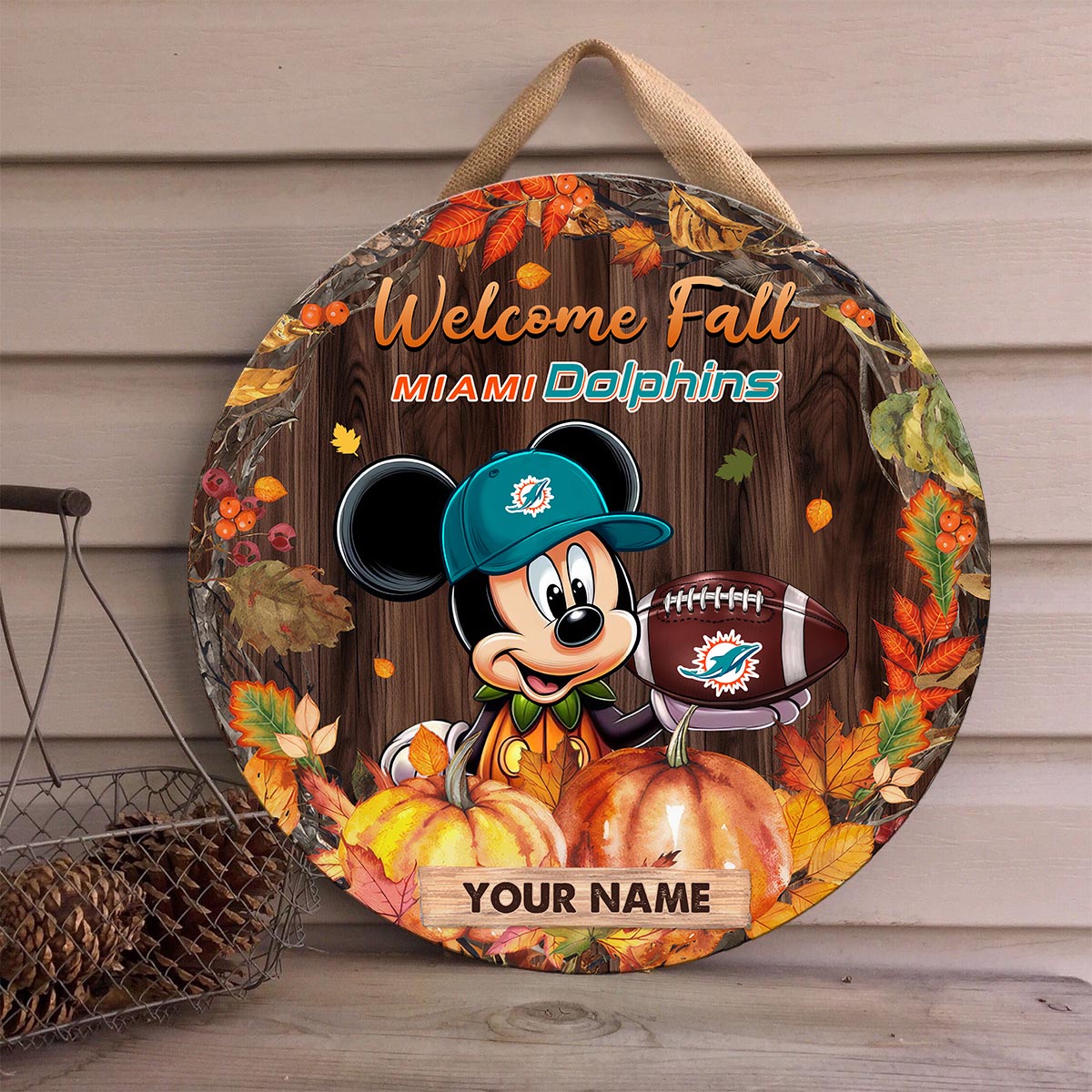Sportswearmerch Miami Dolphins NFL x Mickey Round Wooden Sign For Fan