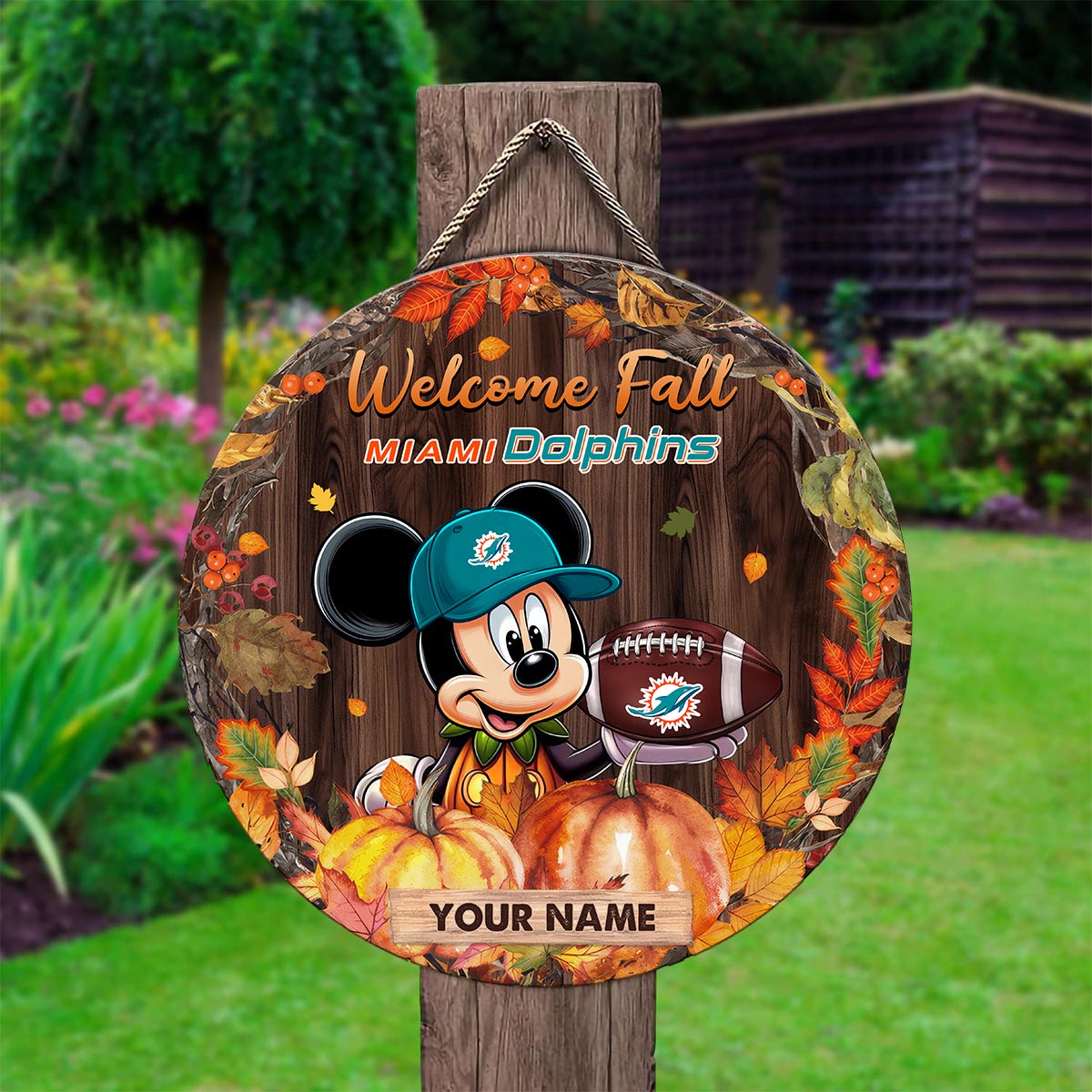 Sportswearmerch Miami Dolphins NFL x Mickey Round Wooden Sign For Fan