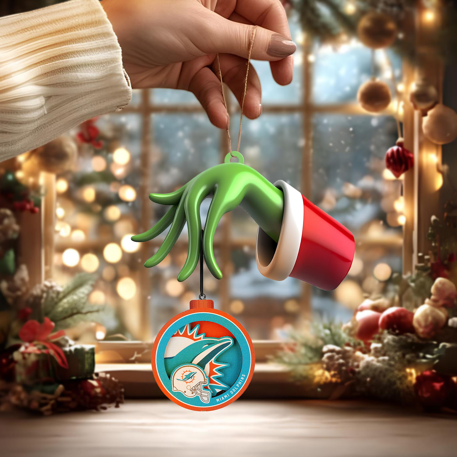 Sportswearmerch Miami Dolphins NFL x The Grinch Christmas Acrylic Mix Wooden Ornament Gift For Fans