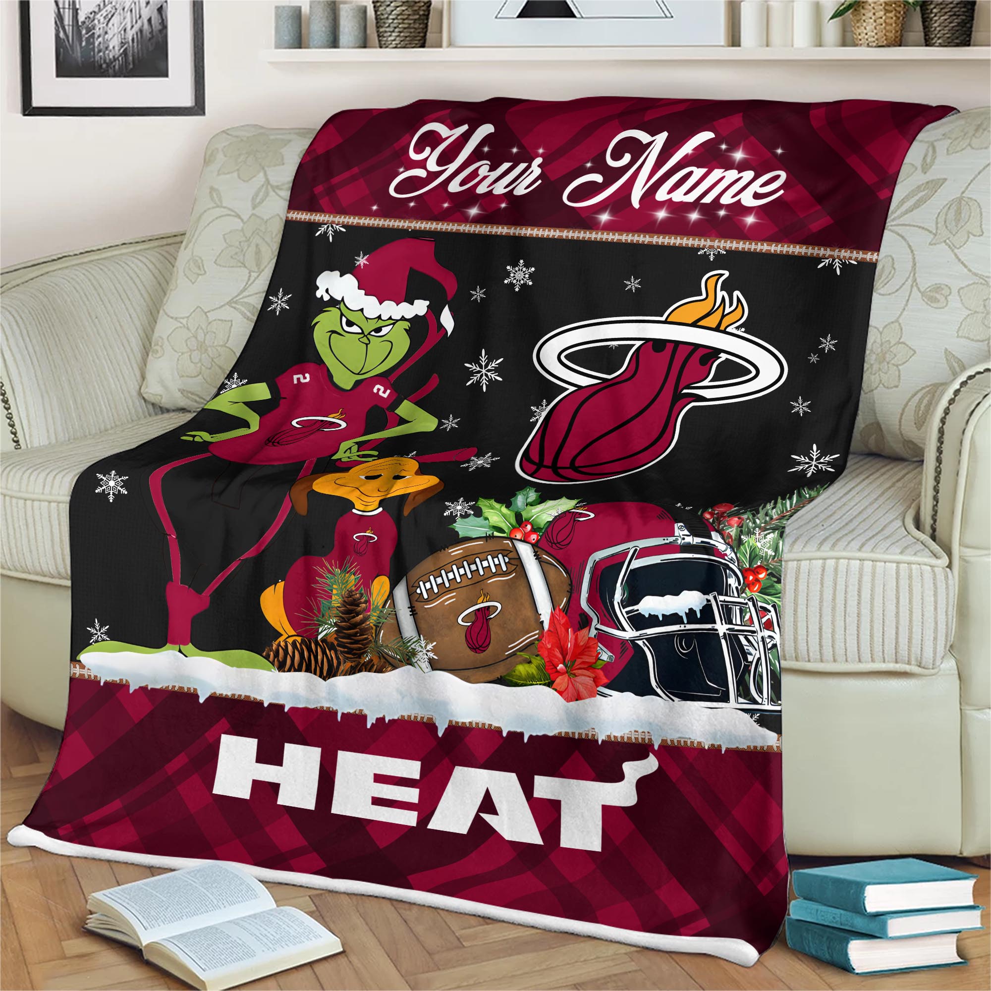 Sportswearmerch Miami Heat NBA x Grinch Christmas Fleece Blanket For Fan