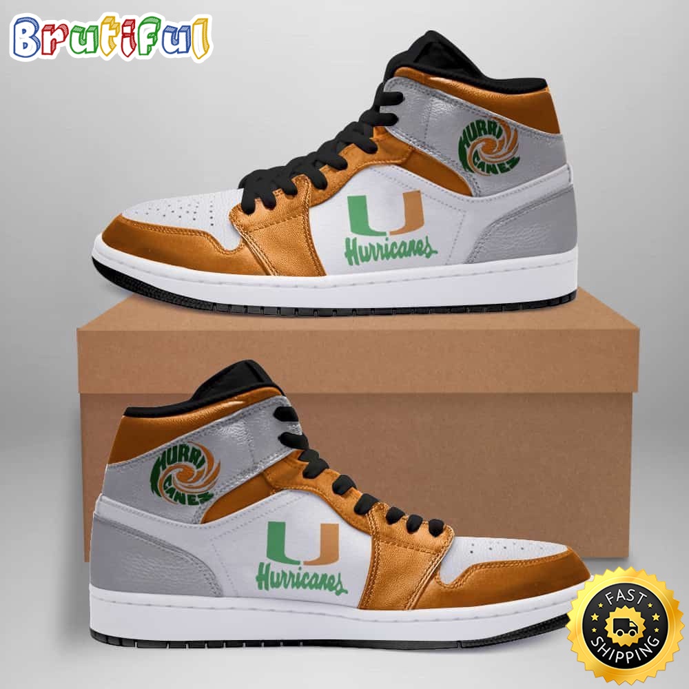 Sportswearmerch Miami Hurricanes NCAA Orange Grey AJ1 High Sneakers Shoes For Men And Women