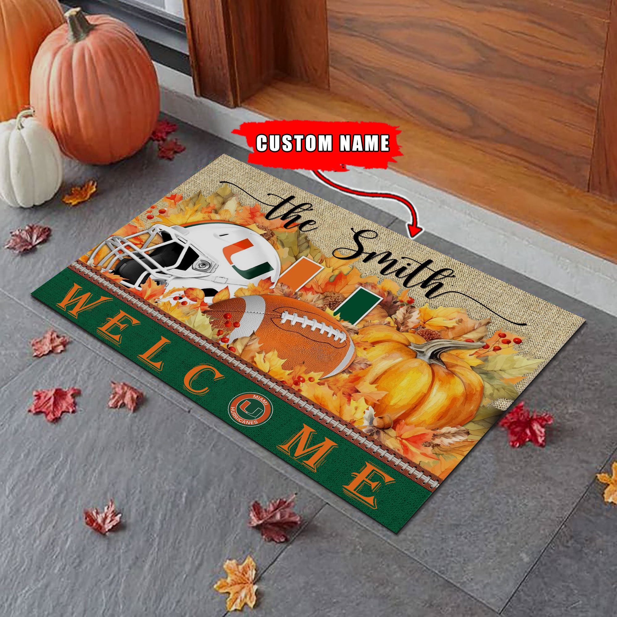 Sportswearmerch Miami Hurricanes NCAA Welcome Fall Football Doormat For Fan
