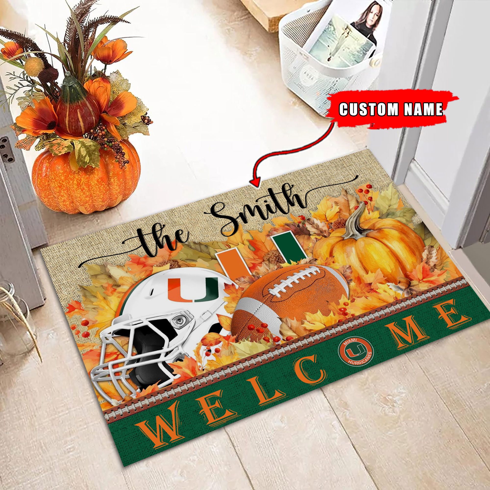 Sportswearmerch Miami Hurricanes NCAA Welcome Fall Football Doormat For Fan