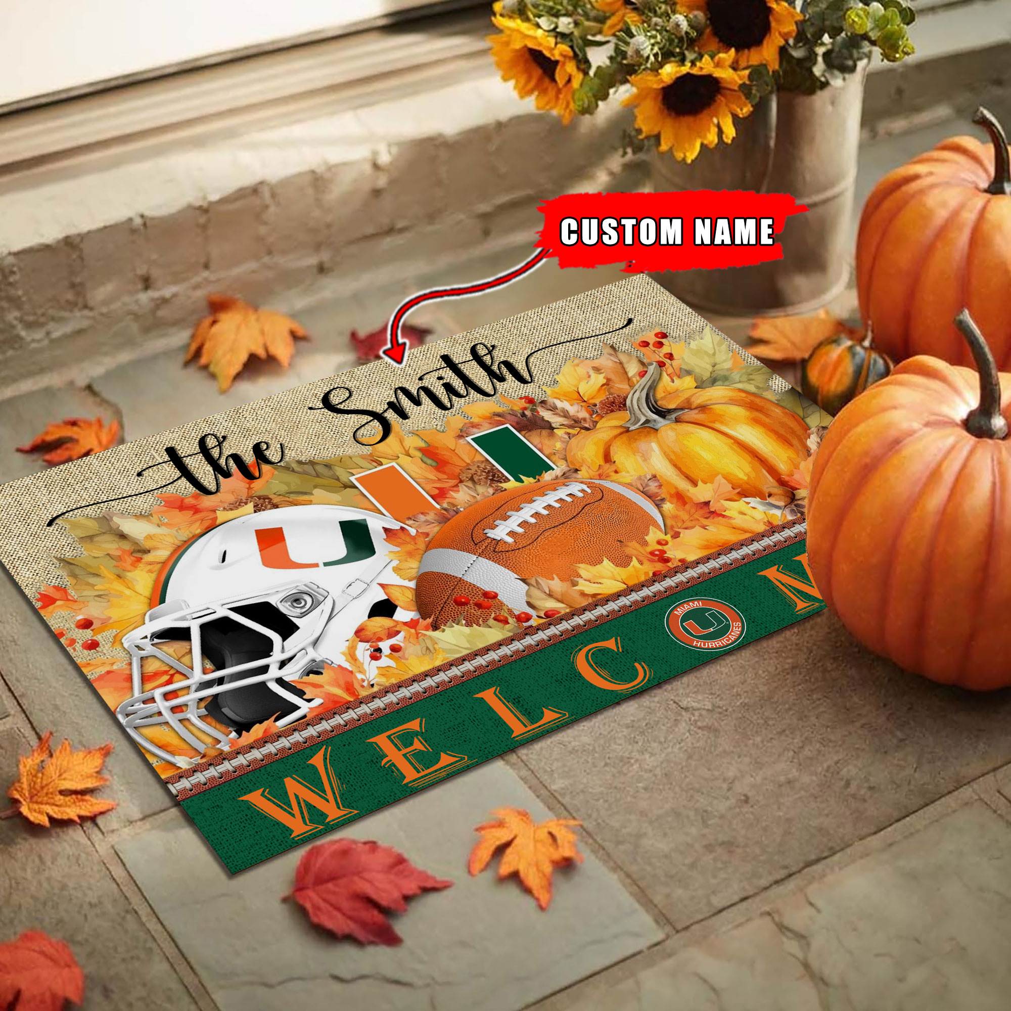 Sportswearmerch Miami Hurricanes NCAA Welcome Fall Football Doormat For Fan