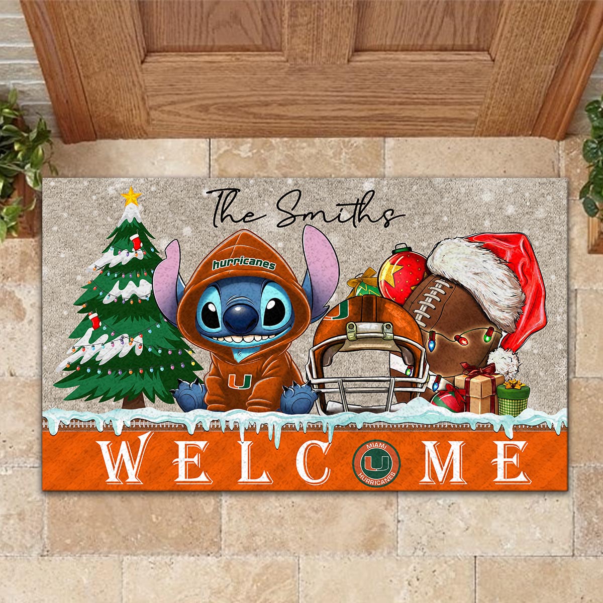 Sportswearmerch Miami Hurricanes NCAA x Cute Stitch Christmas Doormat For Fan