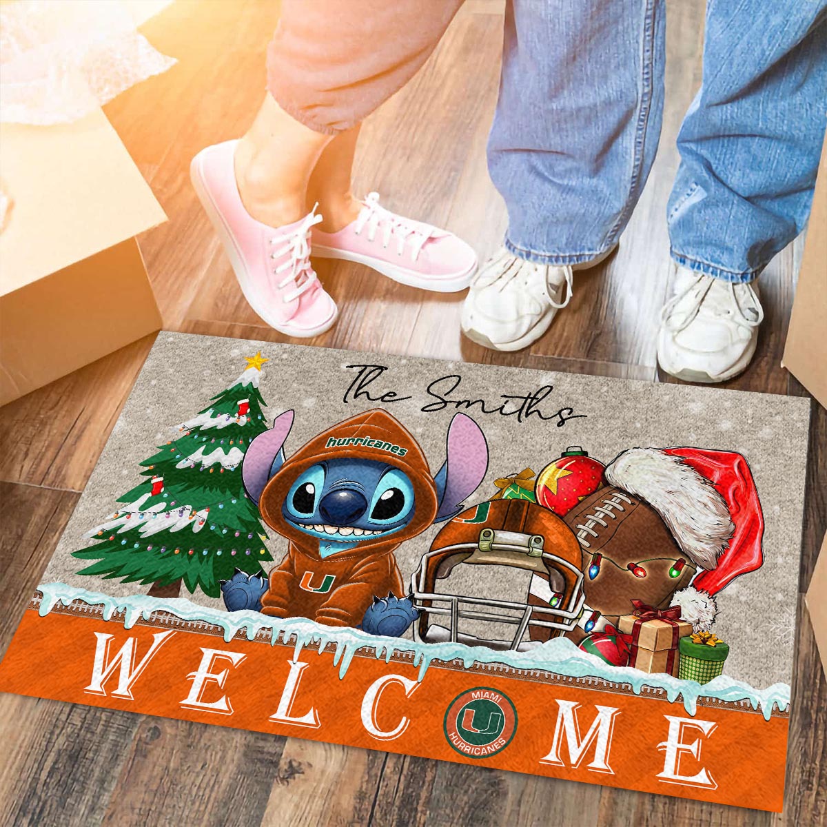 Sportswearmerch Miami Hurricanes NCAA x Cute Stitch Christmas Doormat For Fan