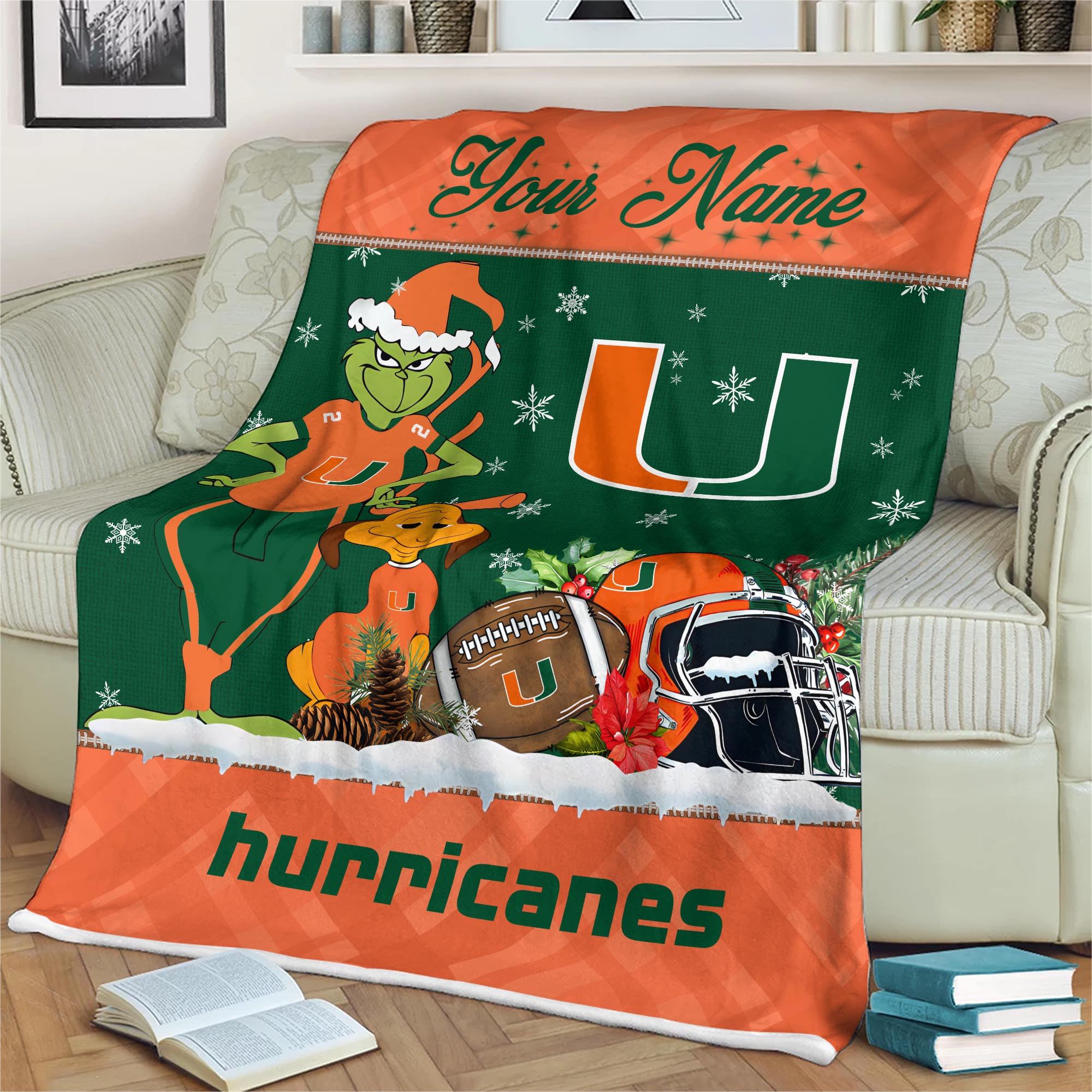 Sportswearmerch Miami Hurricanes NCAA x Grinch Christmas Fleece Blanket For Fan