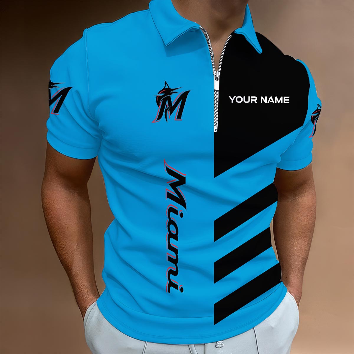 Sportswearmerch Miami Marlins MLB Lapel Zip Polo Shirt For Fan