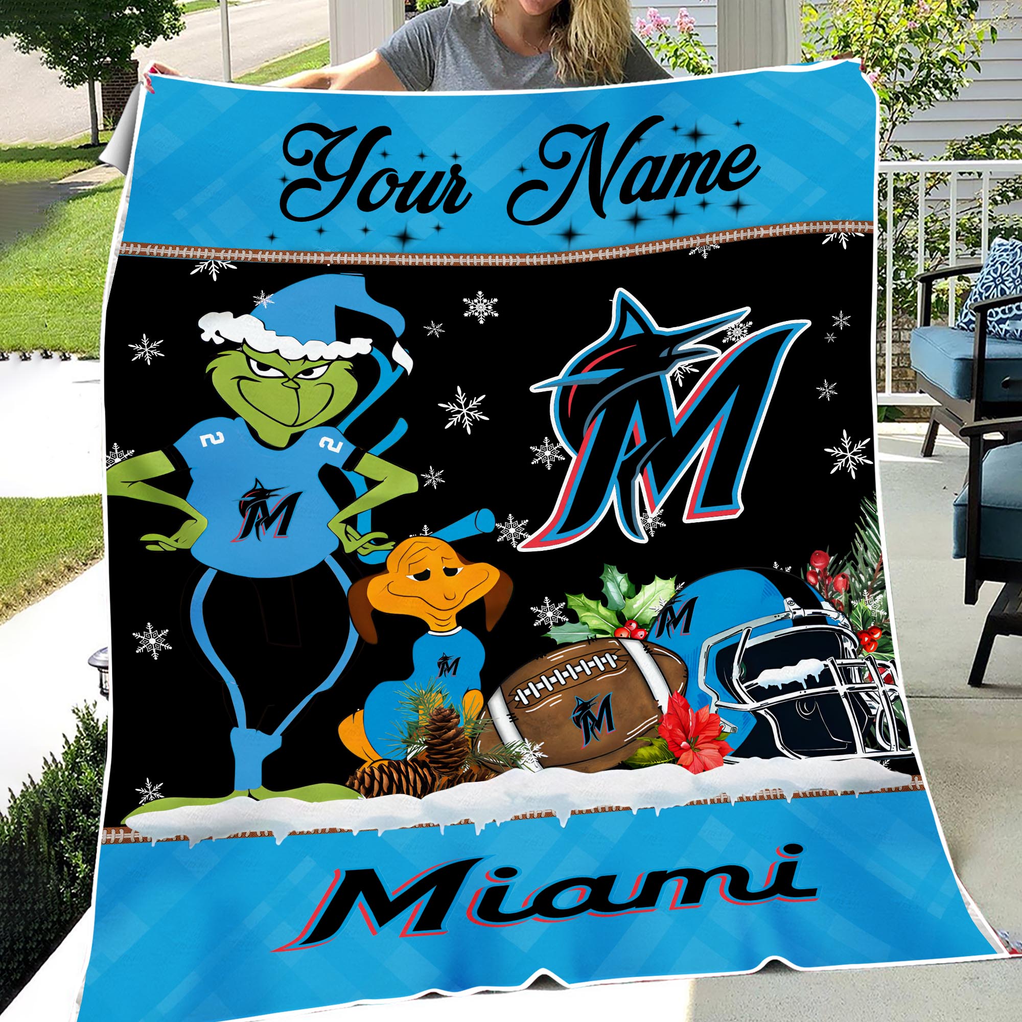 Sportswearmerch Miami Marlins MLB x Grinch Christmas Fleece Blanket For Fan