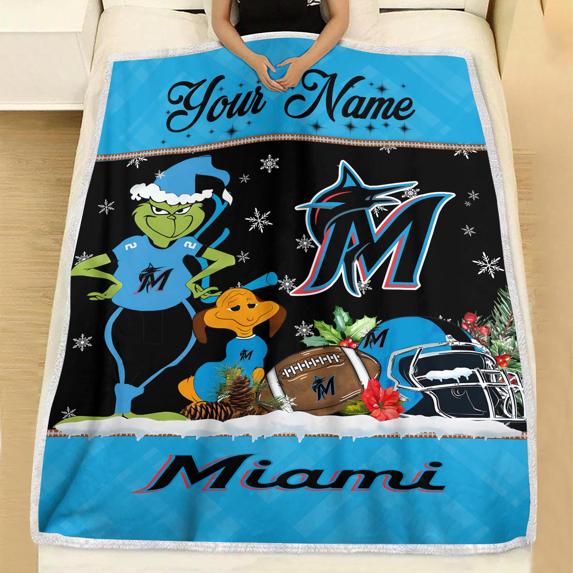 Sportswearmerch Miami Marlins MLB x Grinch Christmas Fleece Blanket For Fan