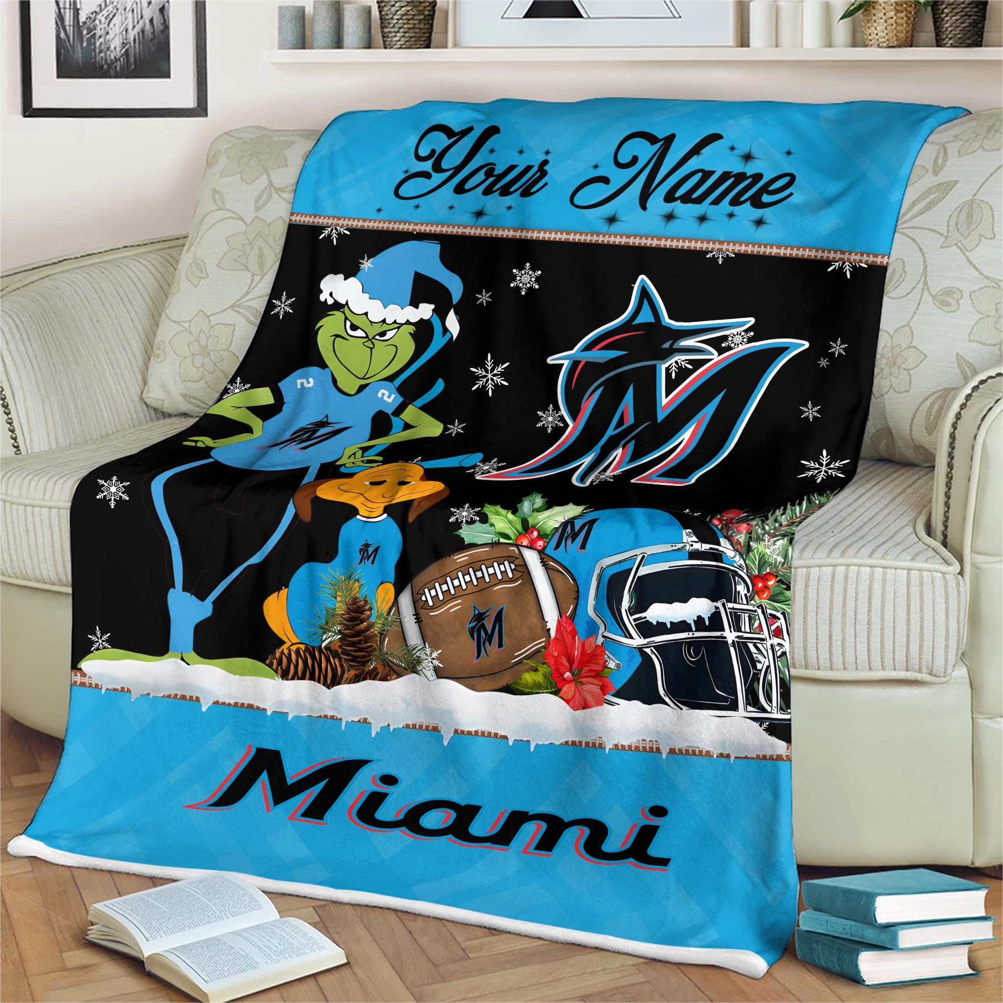 Sportswearmerch Miami Marlins MLB x Grinch Christmas Fleece Blanket For Fan