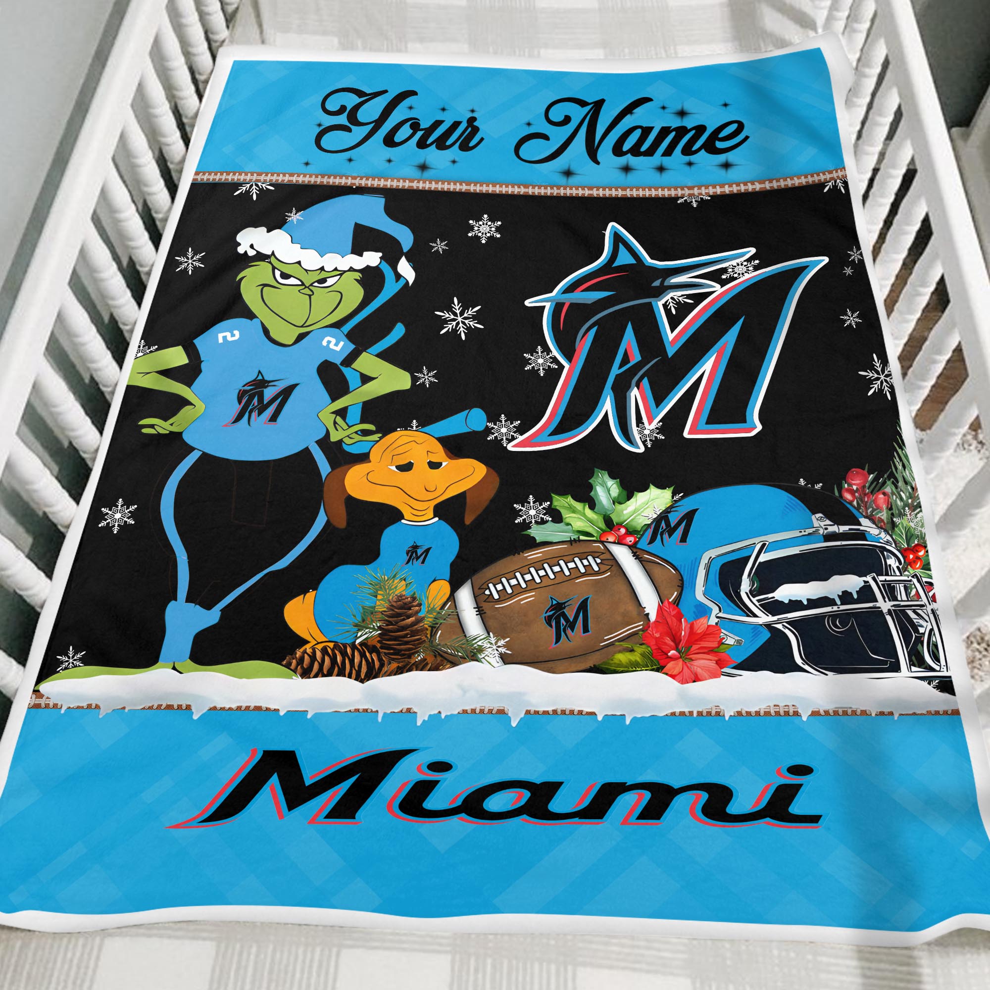 Sportswearmerch Miami Marlins MLB x Grinch Christmas Fleece Blanket For Fan