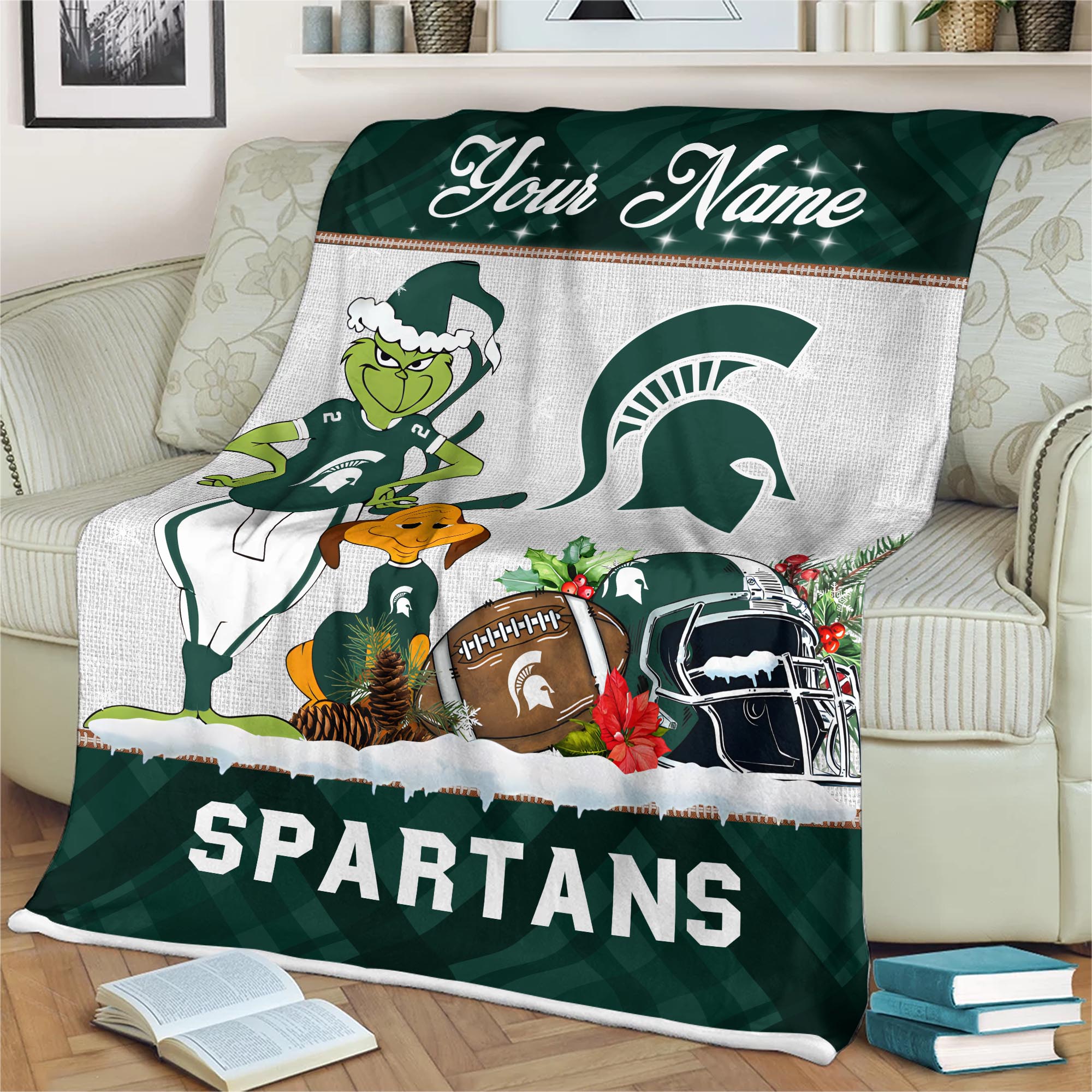 Sportswearmerch Michigan State Spartans NCAA x Grinch Christmas Fleece Blanket For Fan