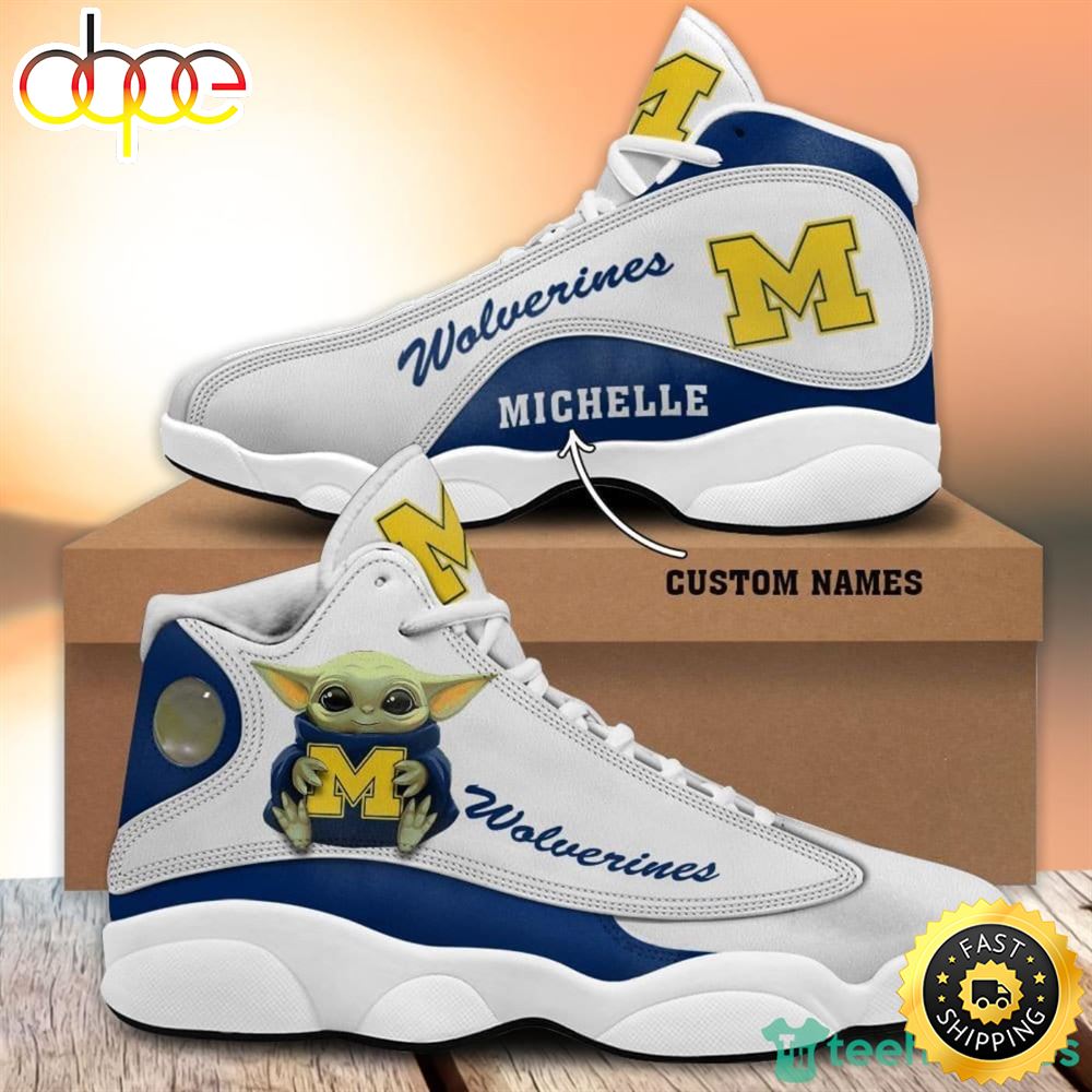 Sportswearmerch Michigan Wolverines NCAA Fans Baby Yoda AJ13 Sneakers Shoes For Men And Women