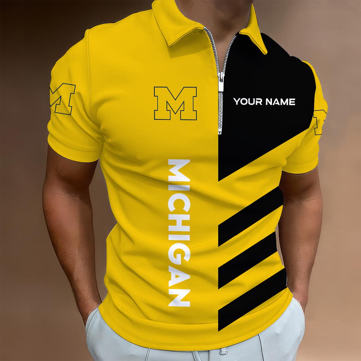 Sportswearmerch Michigan Wolverines NCAA Lapel Zip Polo Shirt For Fan
