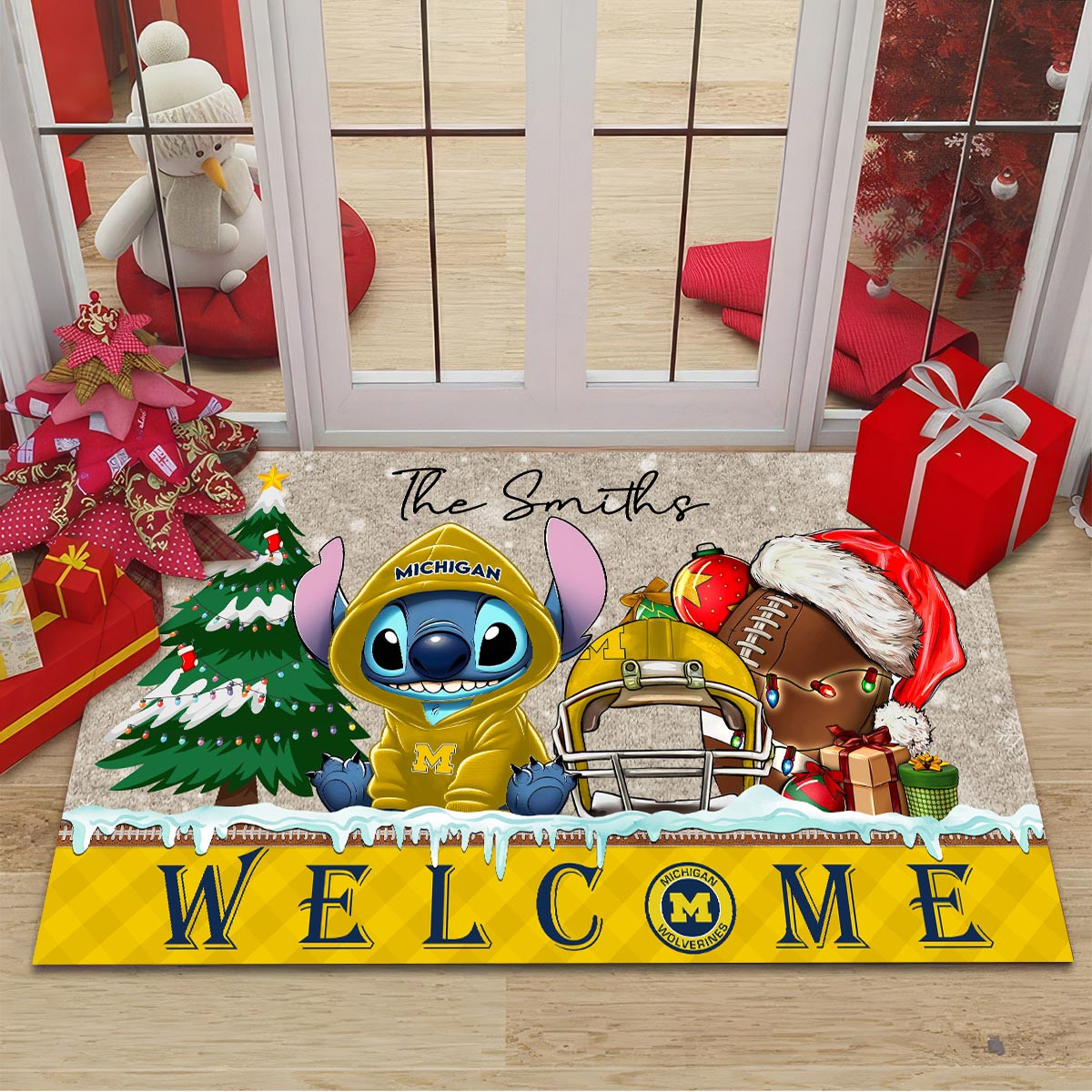 Sportswearmerch Michigan Wolverines NCAA x Cute Stitch Christmas Doormat For Fan