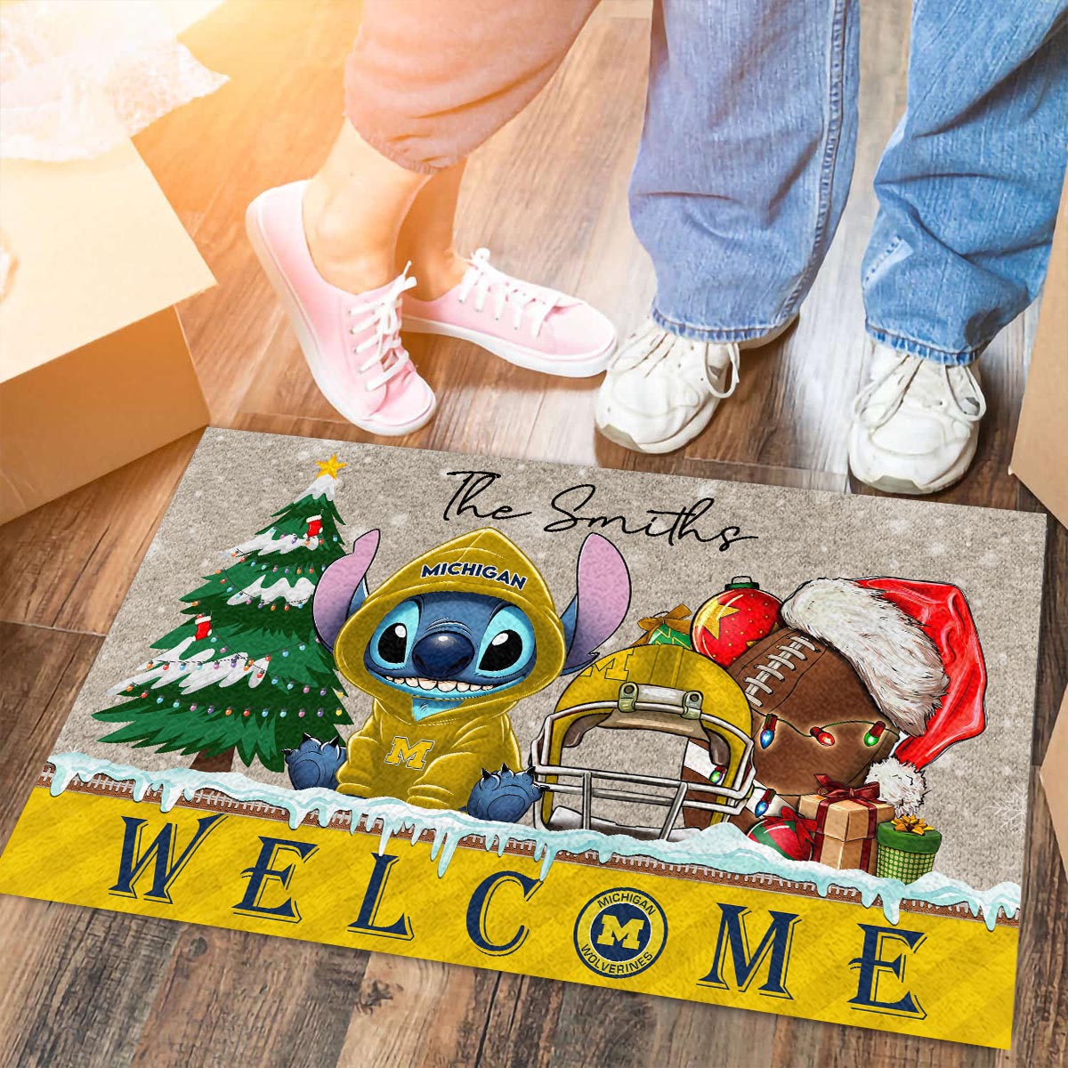 Sportswearmerch Michigan Wolverines NCAA x Cute Stitch Christmas Doormat For Fan