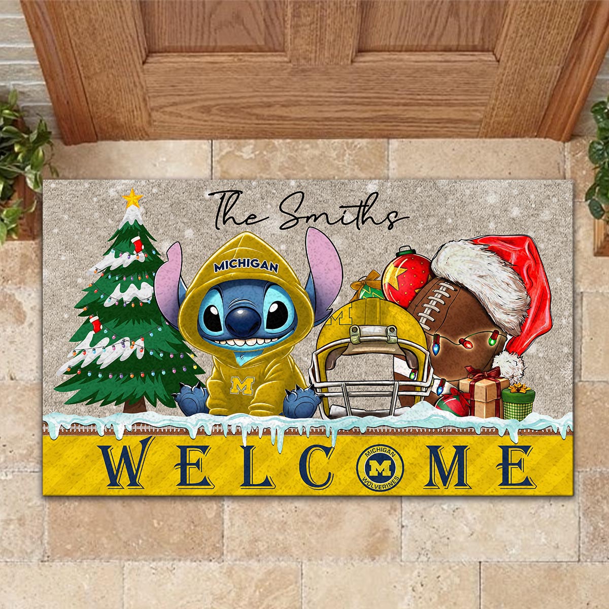 Sportswearmerch Michigan Wolverines NCAA x Cute Stitch Christmas Doormat For Fan