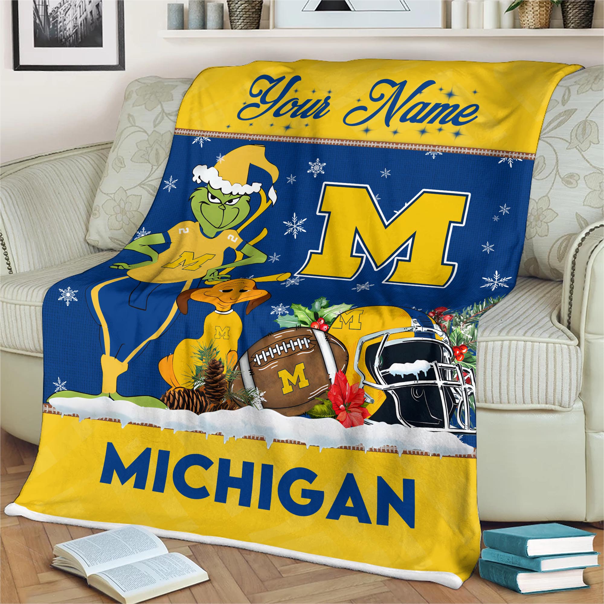 Sportswearmerch Michigan Wolverines NCAA x Grinch Christmas Fleece Blanket For Fan