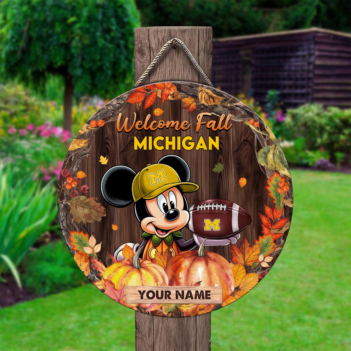 Sportswearmerch Michigan Wolverines NCAA x Mickey Round Wooden Sign For Fan