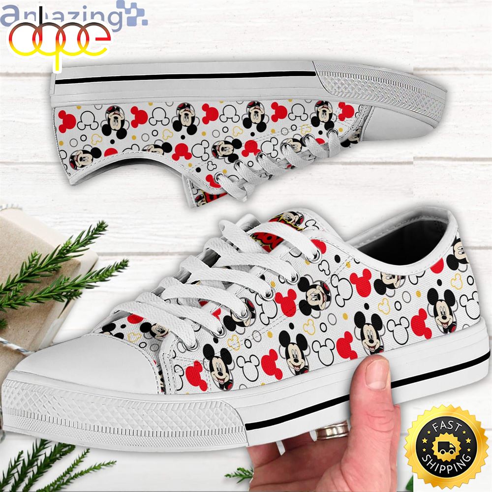 Sportswearmerch Mickey Mouse Smiling Red White Disney Cartoon Sneakers Low Top Canvas Sneakers Shoes For Men And Women