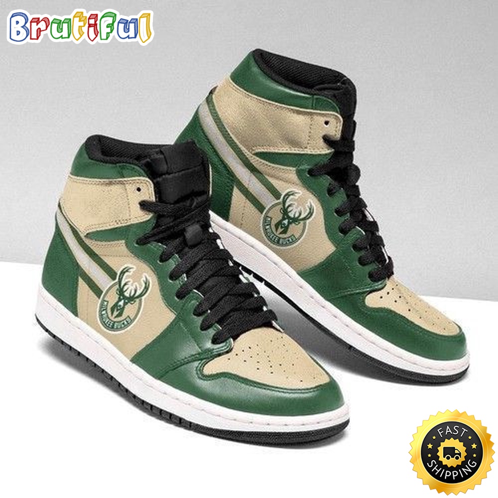 Sportswearmerch Milwaukee Bucks NBA Green Cream AJ1 High Sneakers Shoes For Men And Women