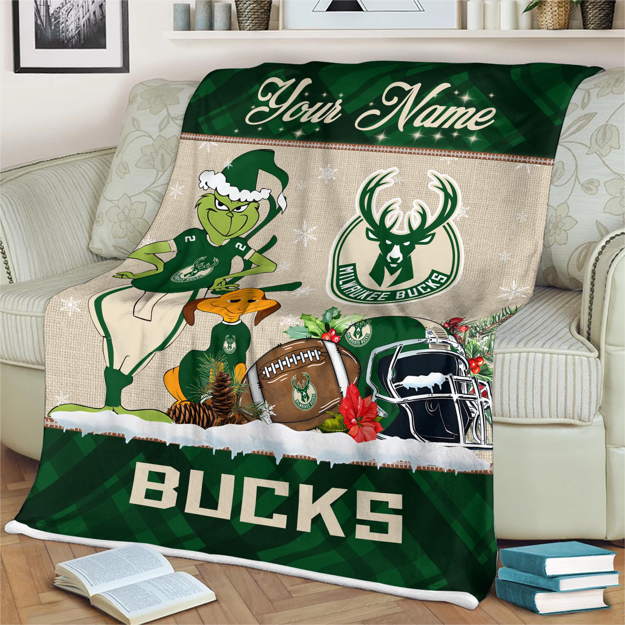 Sportswearmerch Milwaukee Bucks NBA x Grinch Christmas Fleece Blanket For Fan