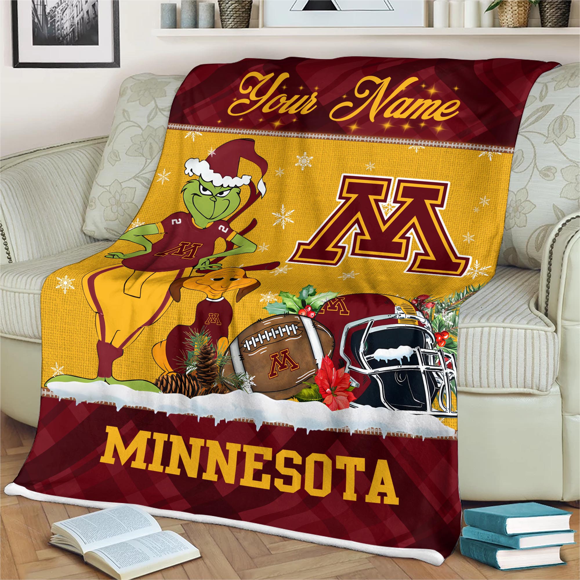 Sportswearmerch Minnesota Golden Gophers NCAA x Grinch Christmas Fleece Blanket For Fan