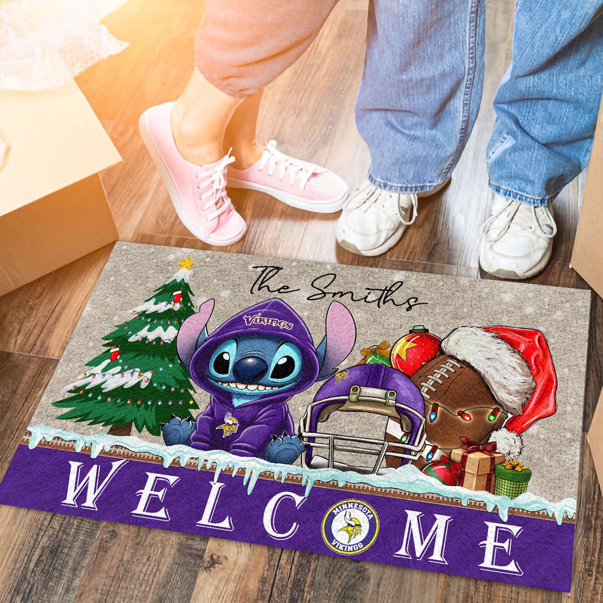 Sportswearmerch Minnesota Vikings NFL x Cute Stitch Christmas Doormat For Fan