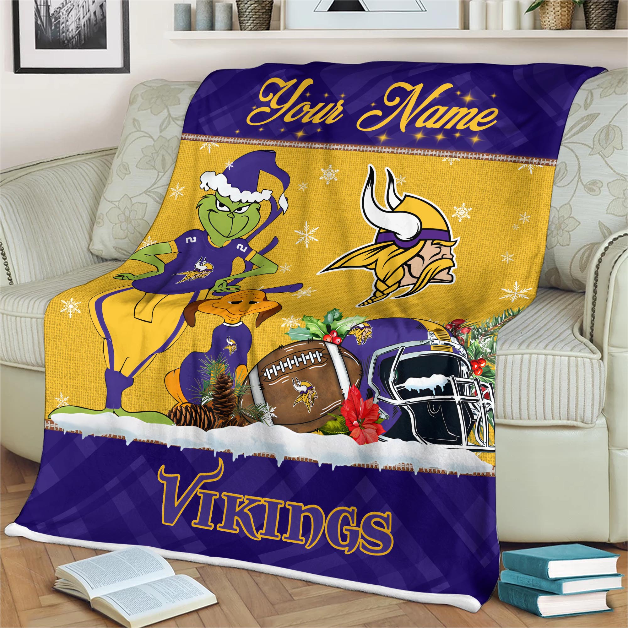 Sportswearmerch Minnesota Vikings NFL x Grinch Christmas Fleece Blanket For Fan