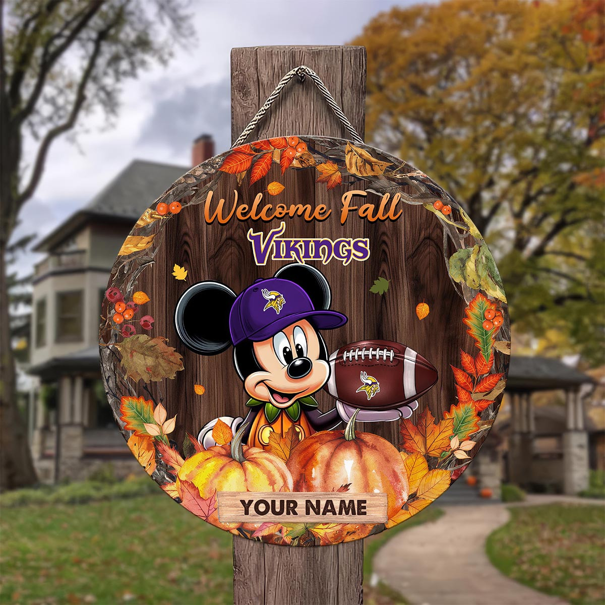 Sportswearmerch Minnesota Vikings NFL x Mickey Round Wooden Sign For Fan