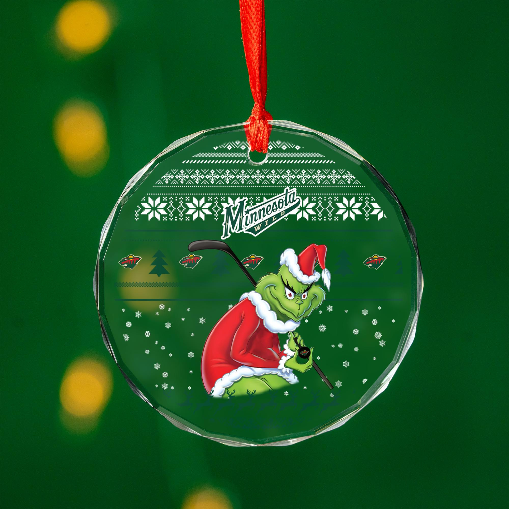 Sportswearmerch Minnesota Wild NHL x Grinch Christmas Glass Ornament For Fans