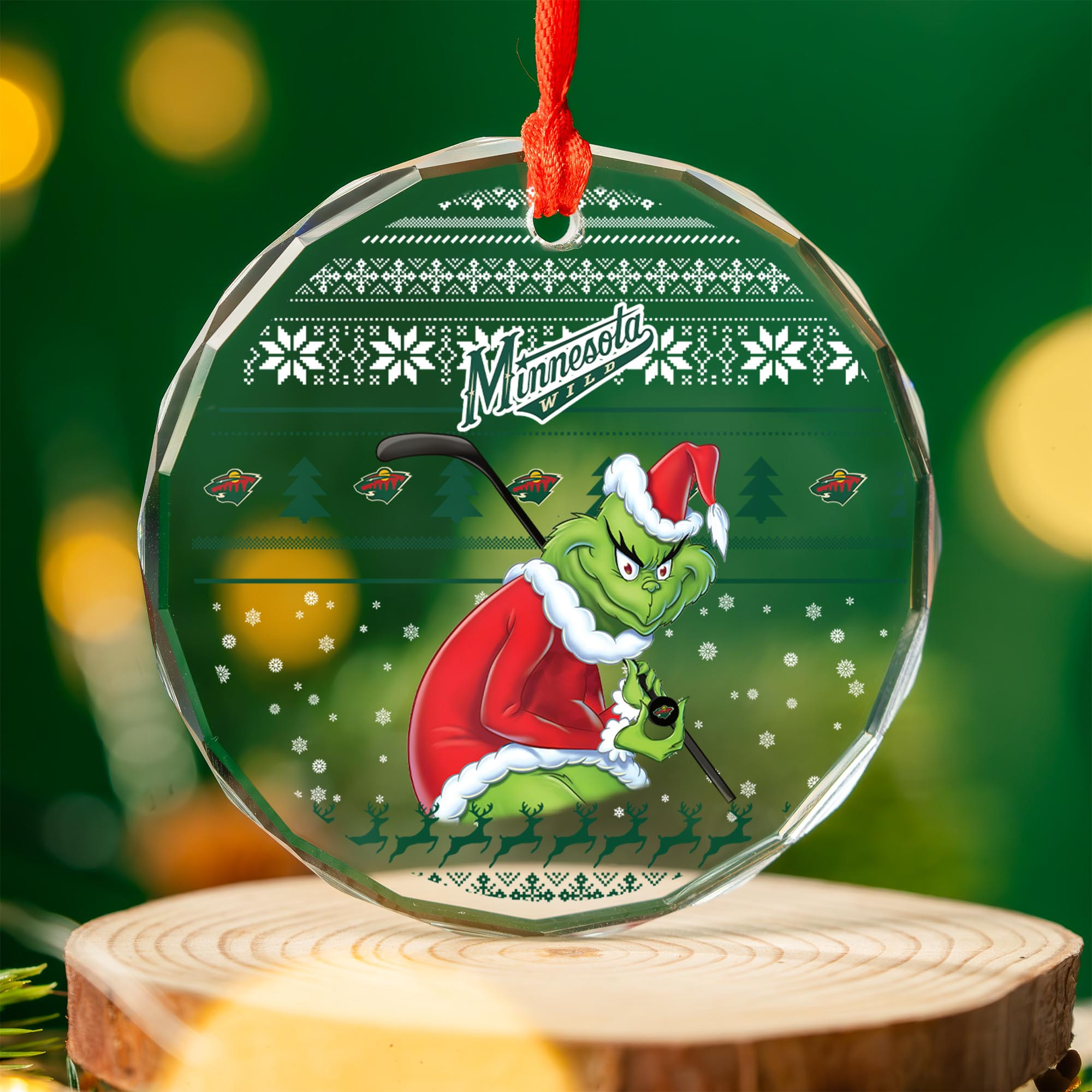 Sportswearmerch Minnesota Wild NHL x Grinch Christmas Glass Ornament For Fans