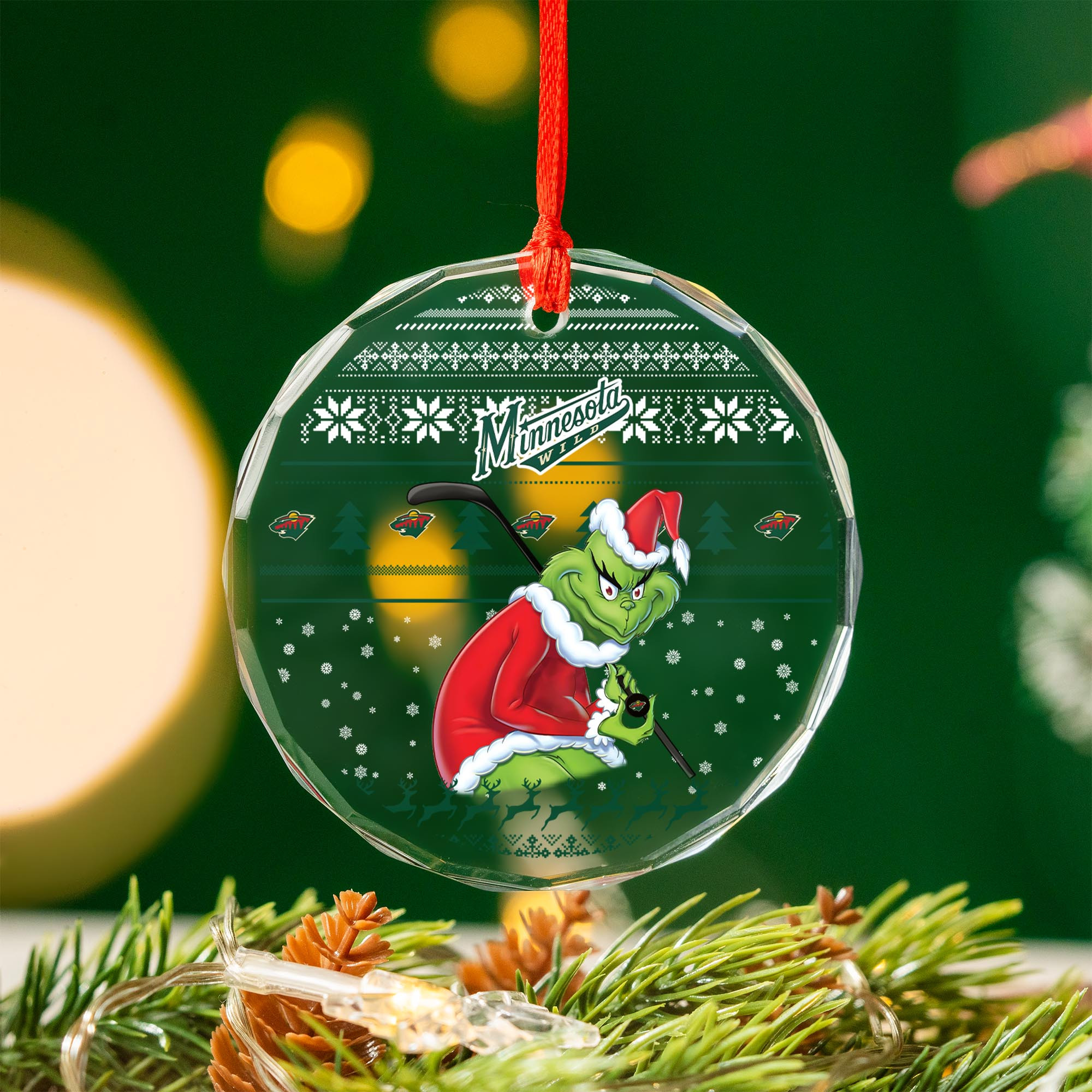 Sportswearmerch Minnesota Wild NHL x Grinch Christmas Glass Ornament For Fans