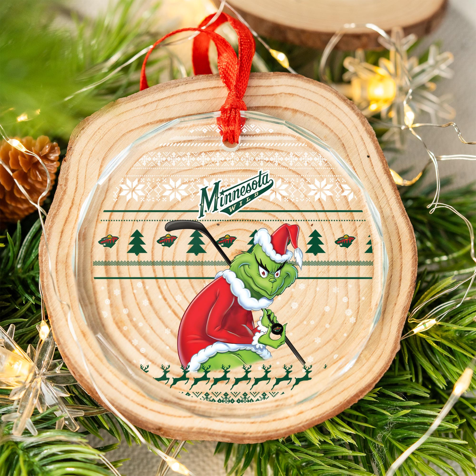 Sportswearmerch Minnesota Wild NHL x Grinch Christmas Glass Ornament For Fans