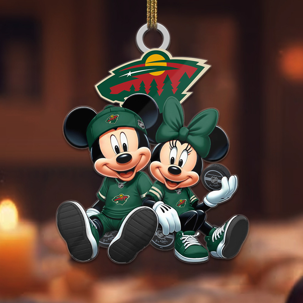 Sportswearmerch Minnesota Wild NHL x Mickey and Minnie Mouse Personalized Acrylic Ornament For Fans