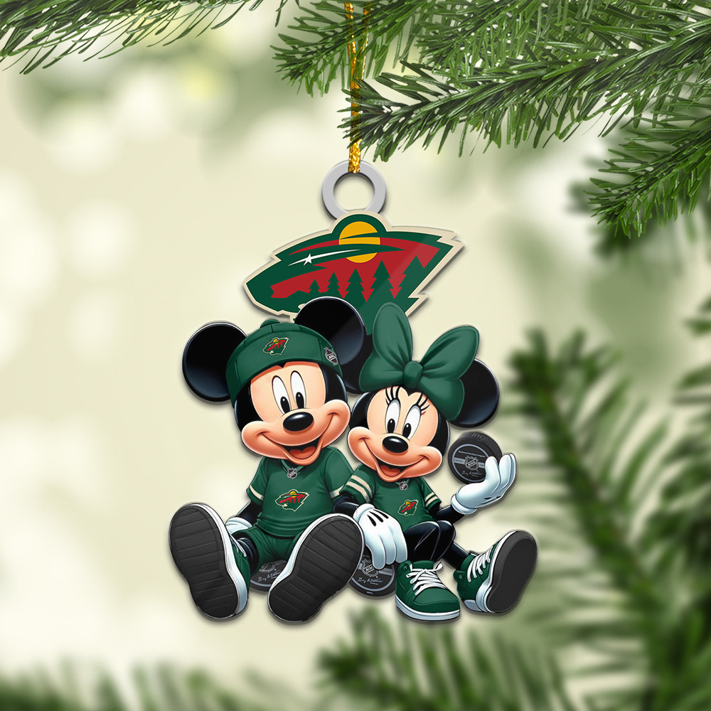 Sportswearmerch Minnesota Wild NHL x Mickey and Minnie Mouse Personalized Acrylic Ornament For Fans
