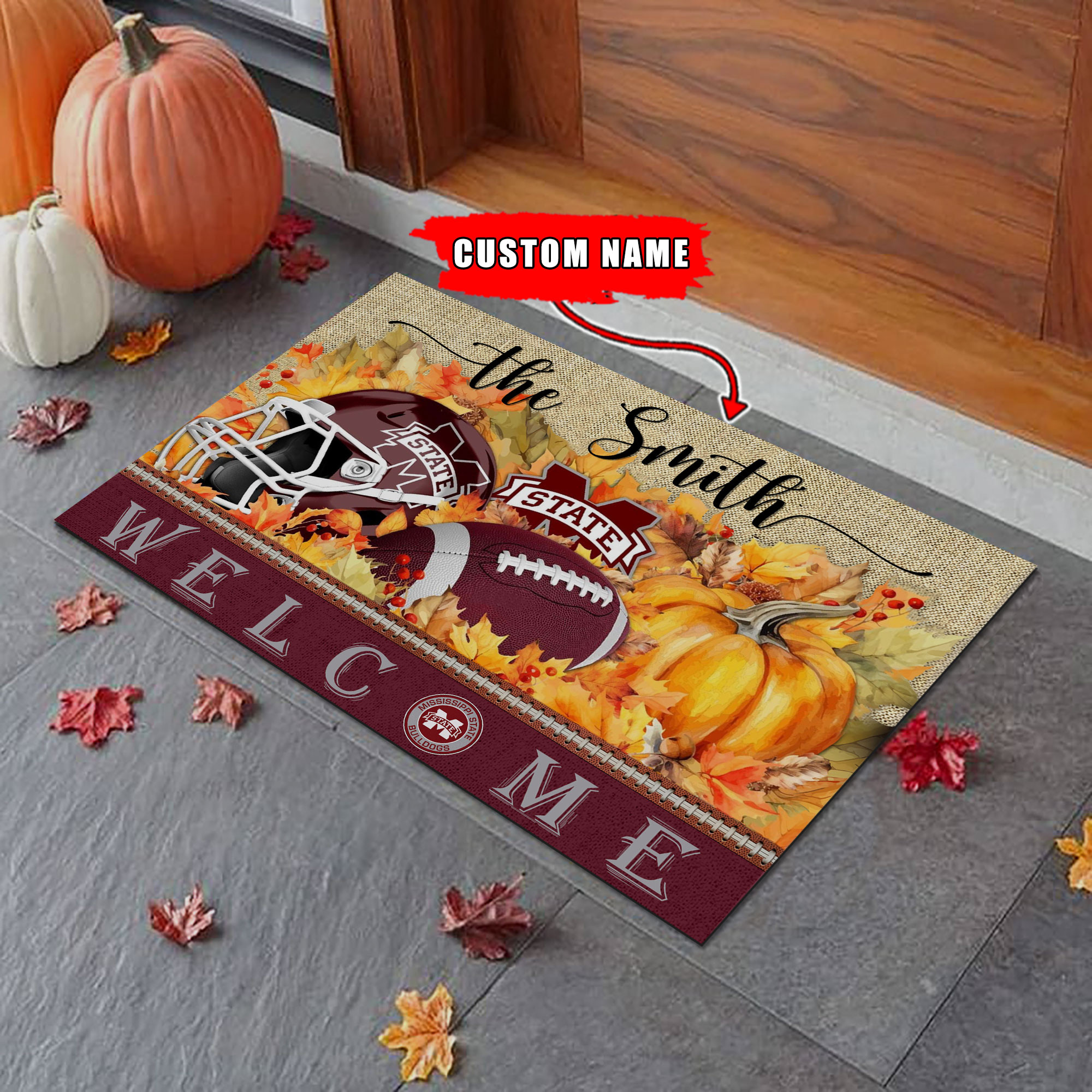 Sportswearmerch Mississippi State Bulldogs NCAA Welcome Fall Football Doormat For Fan