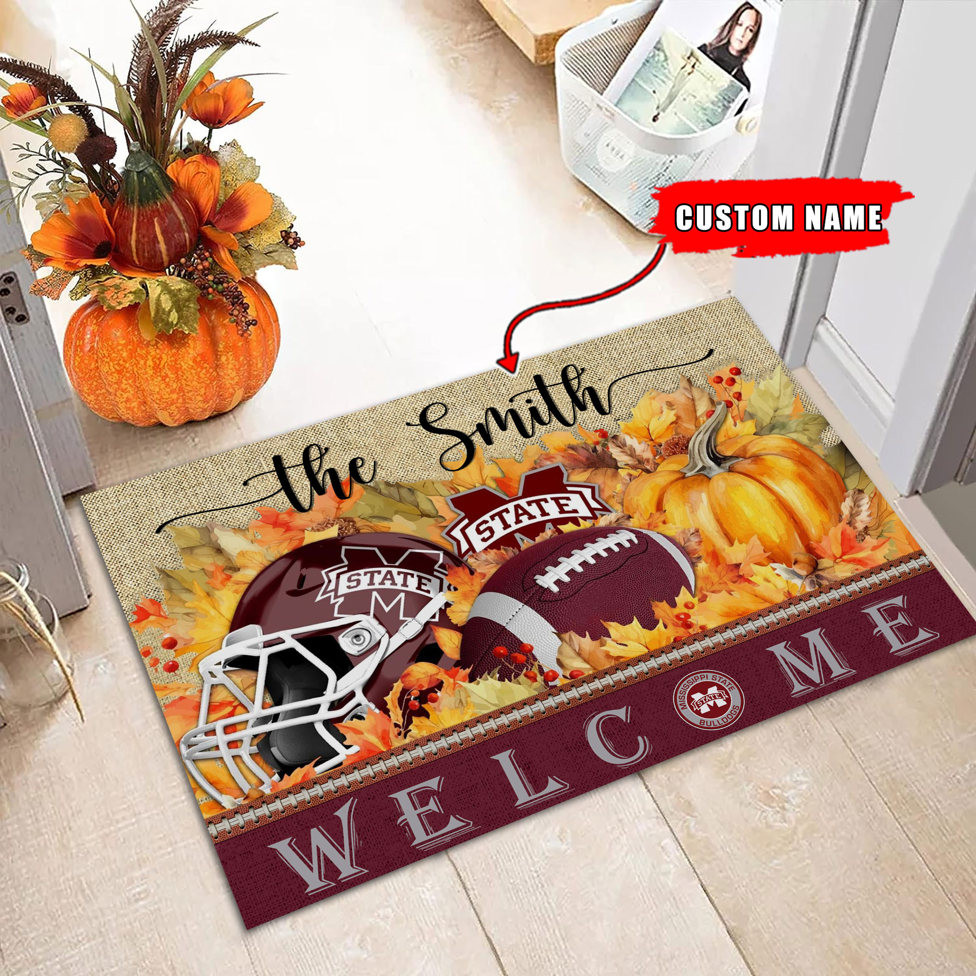 Sportswearmerch Mississippi State Bulldogs NCAA Welcome Fall Football Doormat For Fan