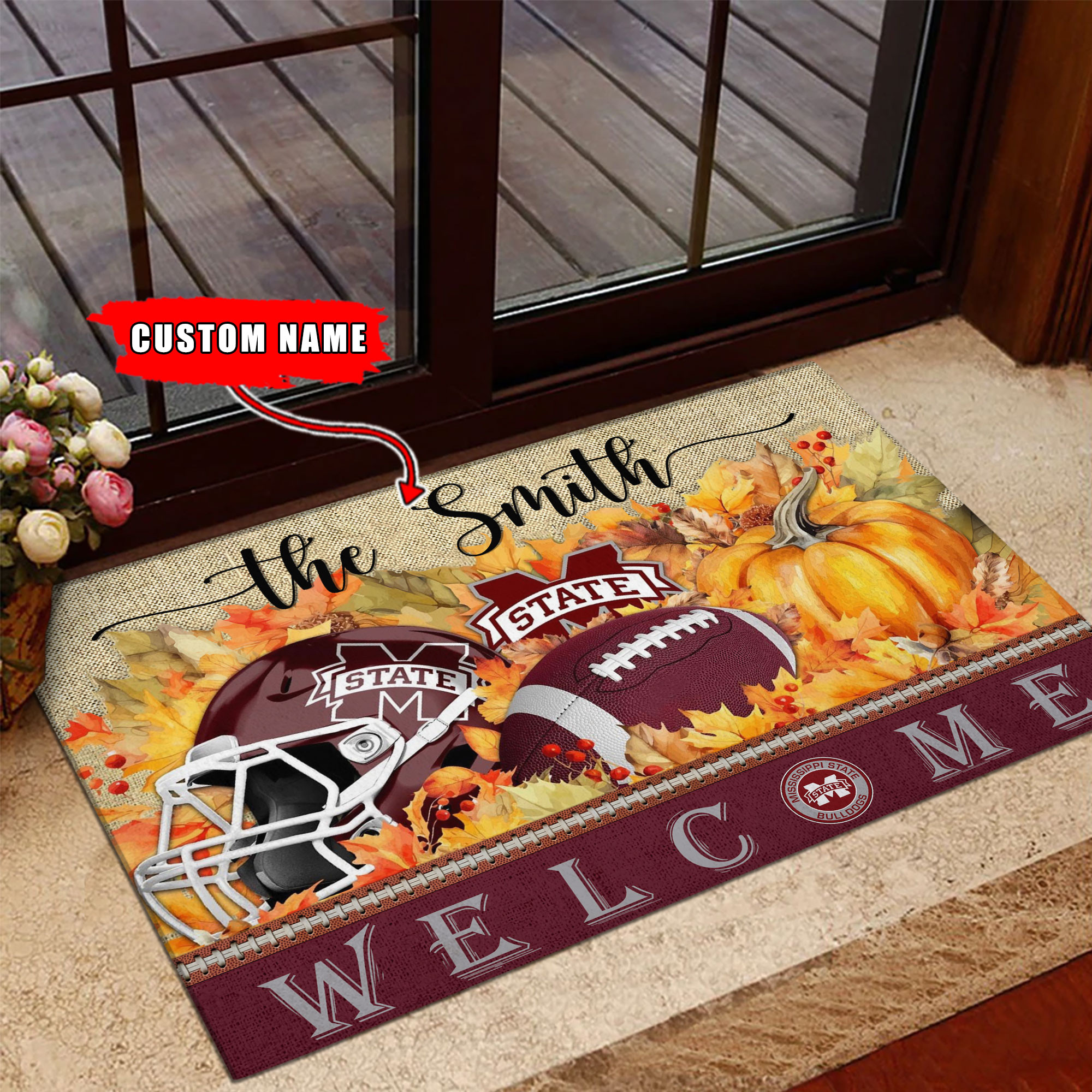 Sportswearmerch Mississippi State Bulldogs NCAA Welcome Fall Football Doormat For Fan