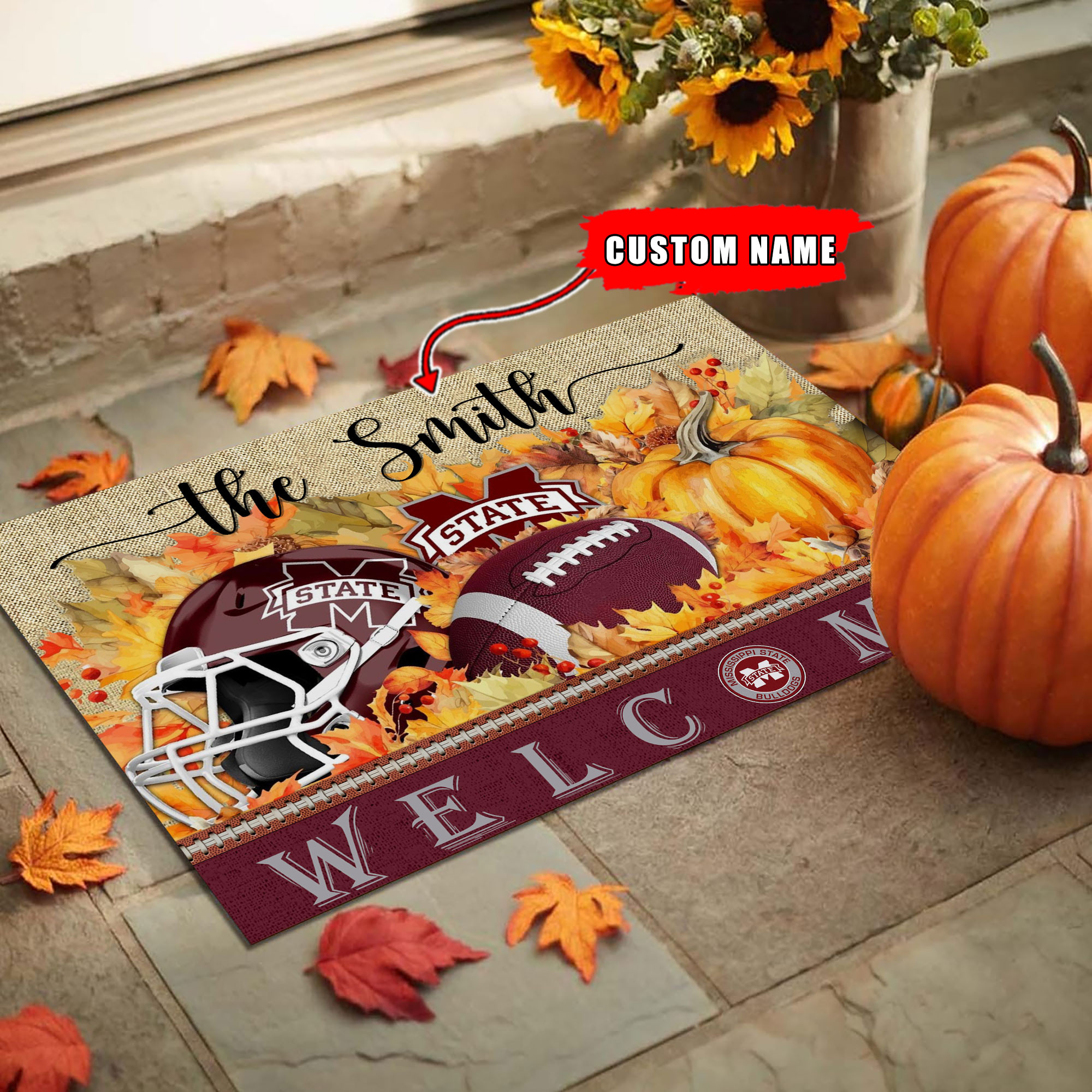Sportswearmerch Mississippi State Bulldogs NCAA Welcome Fall Football Doormat For Fan
