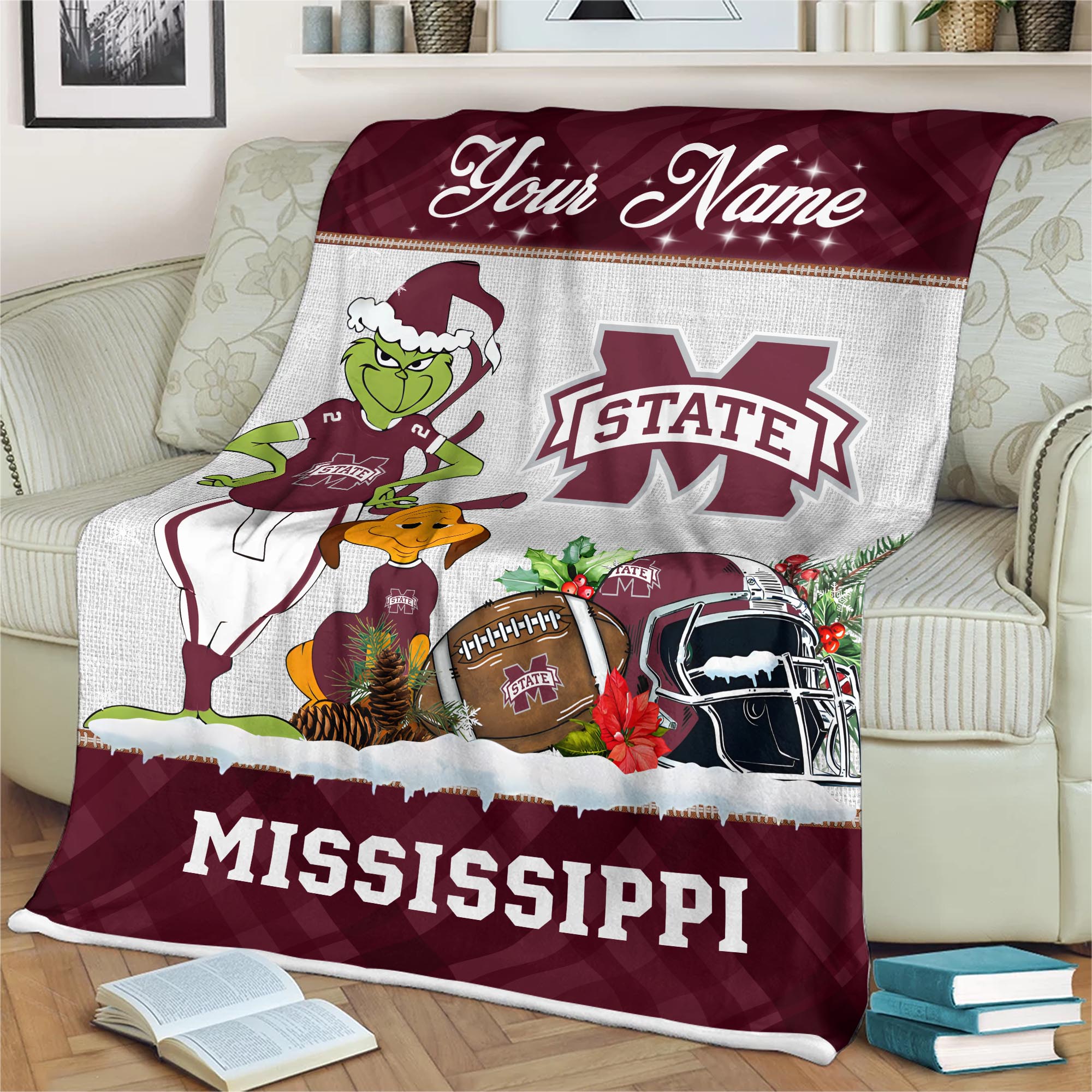 Sportswearmerch Mississippi State Bulldogs NCAA x Grinch Christmas Fleece Blanket For Fan