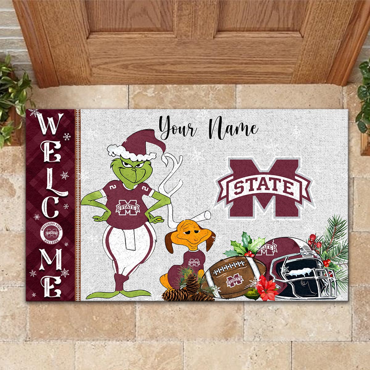 Sportswearmerch Mississippi State Bulldogs NCAA x Grinch Christmas Welcome Football Doormat For Fan