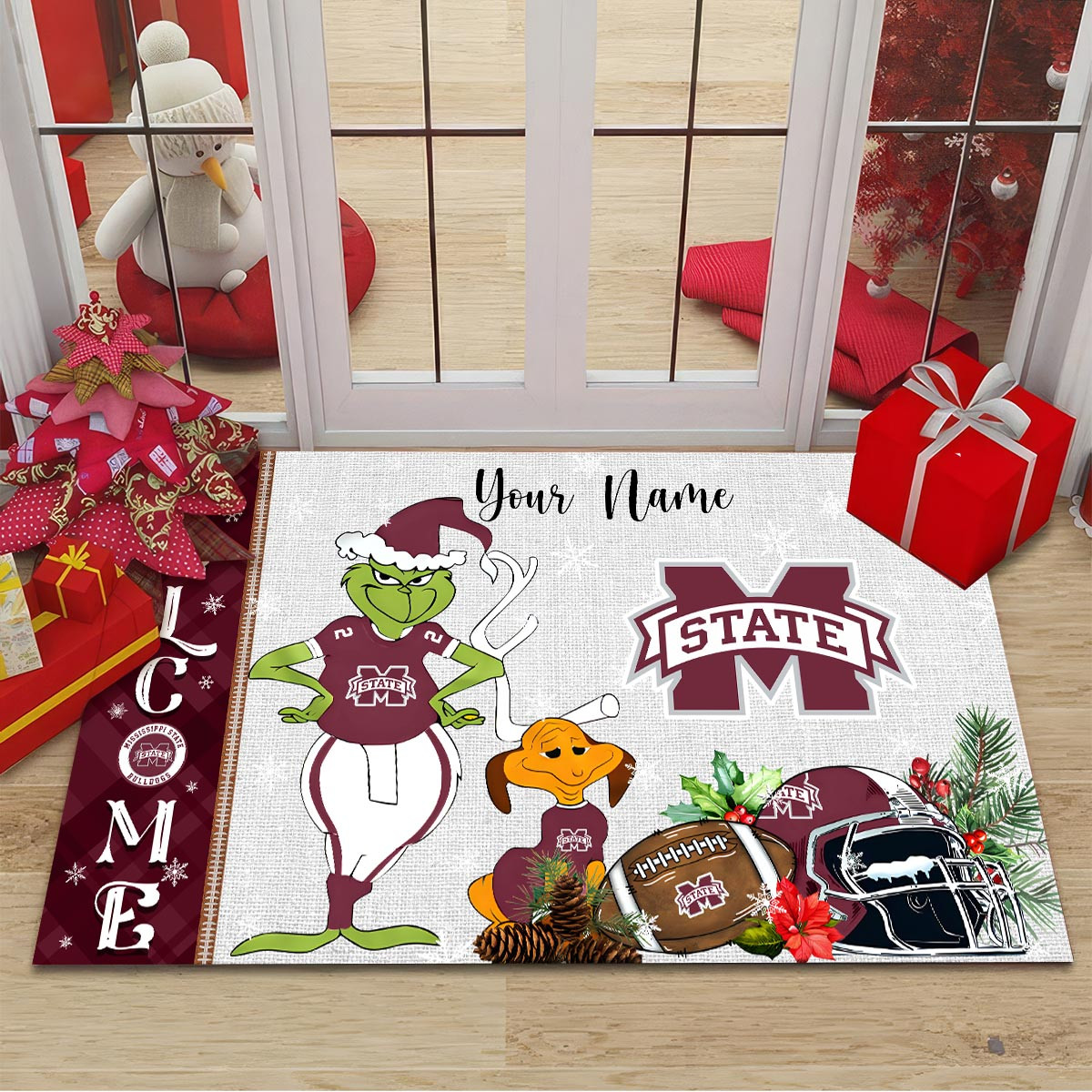 Sportswearmerch Mississippi State Bulldogs NCAA x Grinch Christmas Welcome Football Doormat For Fan
