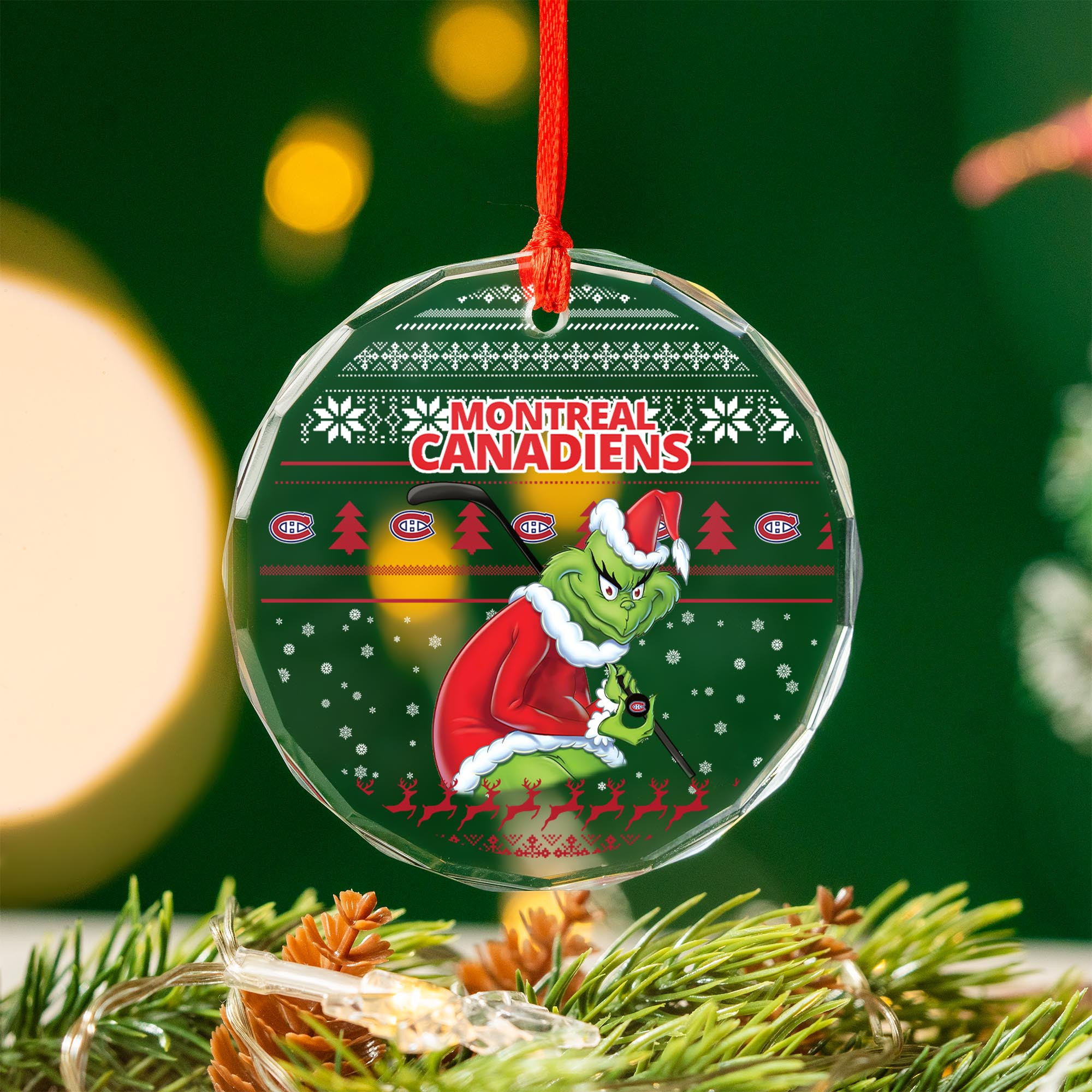 Sportswearmerch Montréal Canadiens NHL x Grinch Christmas Glass Ornament For Fans